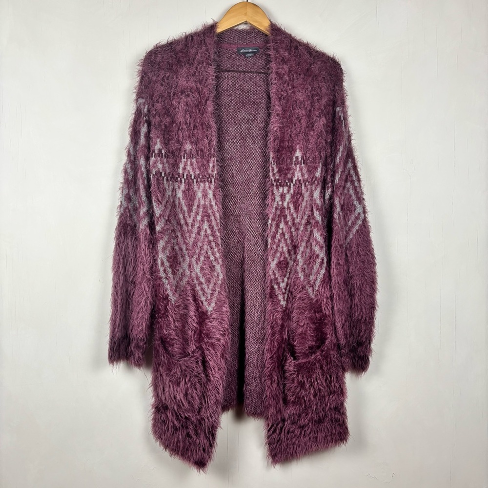 Eddie Bauer Burgundy Purple Eyelash Knit Cardigan L Soft Geometric Open Front